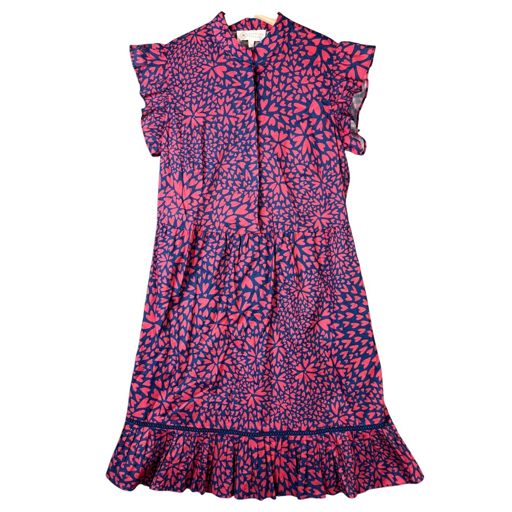 Sheridan French Heart Print Tiered Ruffle Sleeve Cotton Mini Dress Navy Pink S